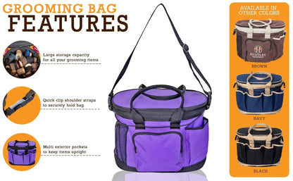 Purple grooming bag with features listed on an orange background