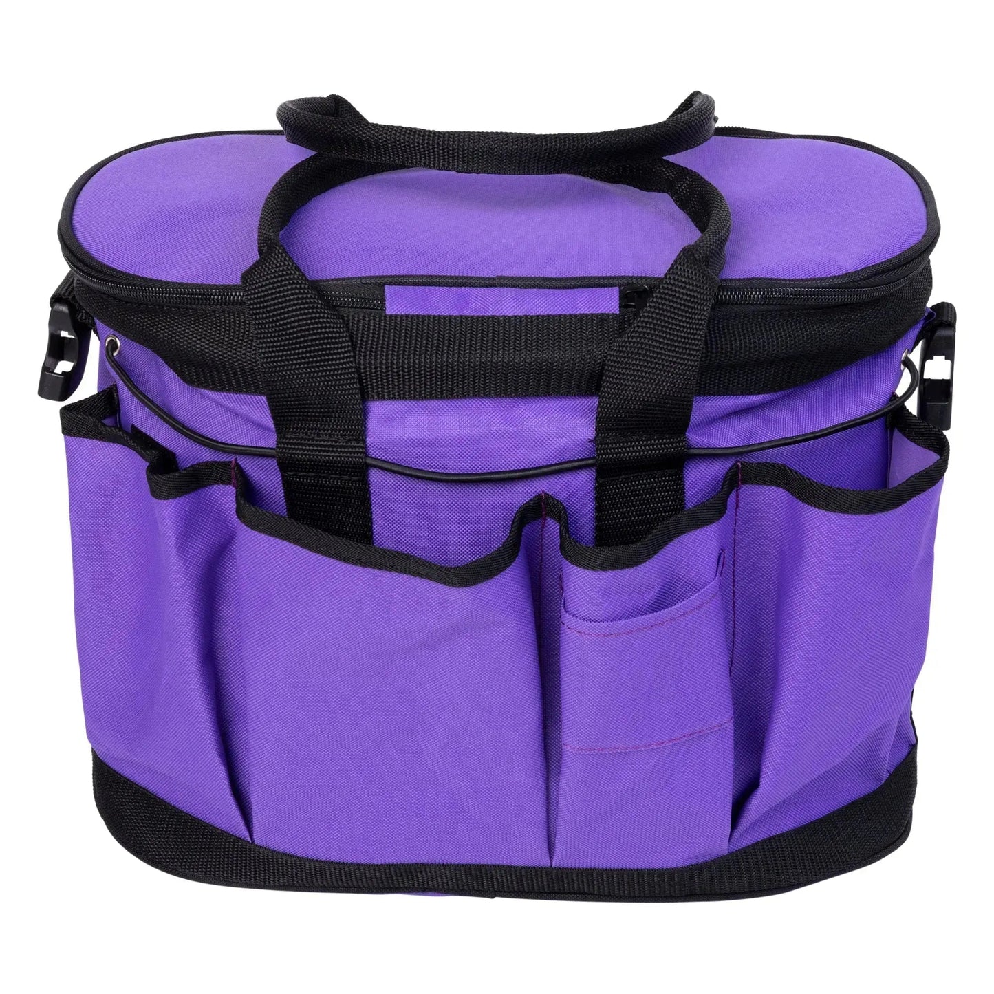 Purple cooler bag with black straps on a white background