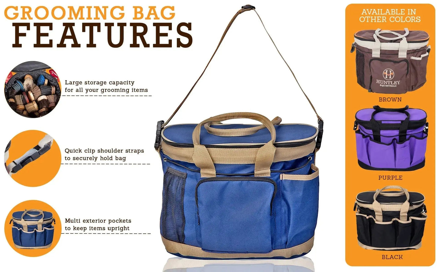 Grooming bag with features listed on an orange background