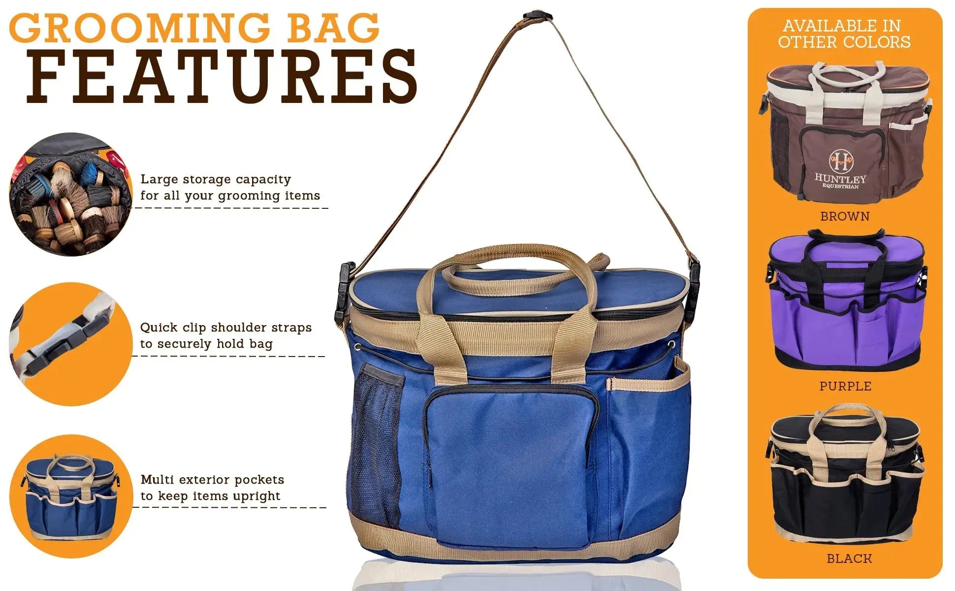 Grooming bag with features listed on an orange background