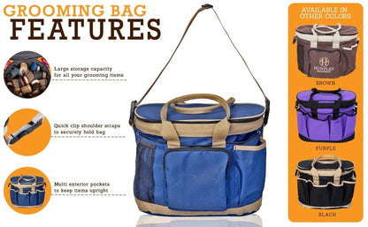 Grooming bag with features listed on an orange background