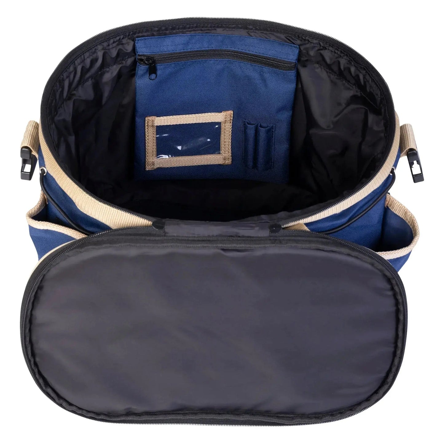 Open blue and beige bag with interior details on a white background