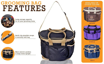 Grooming bag with features listed and color options displayed.