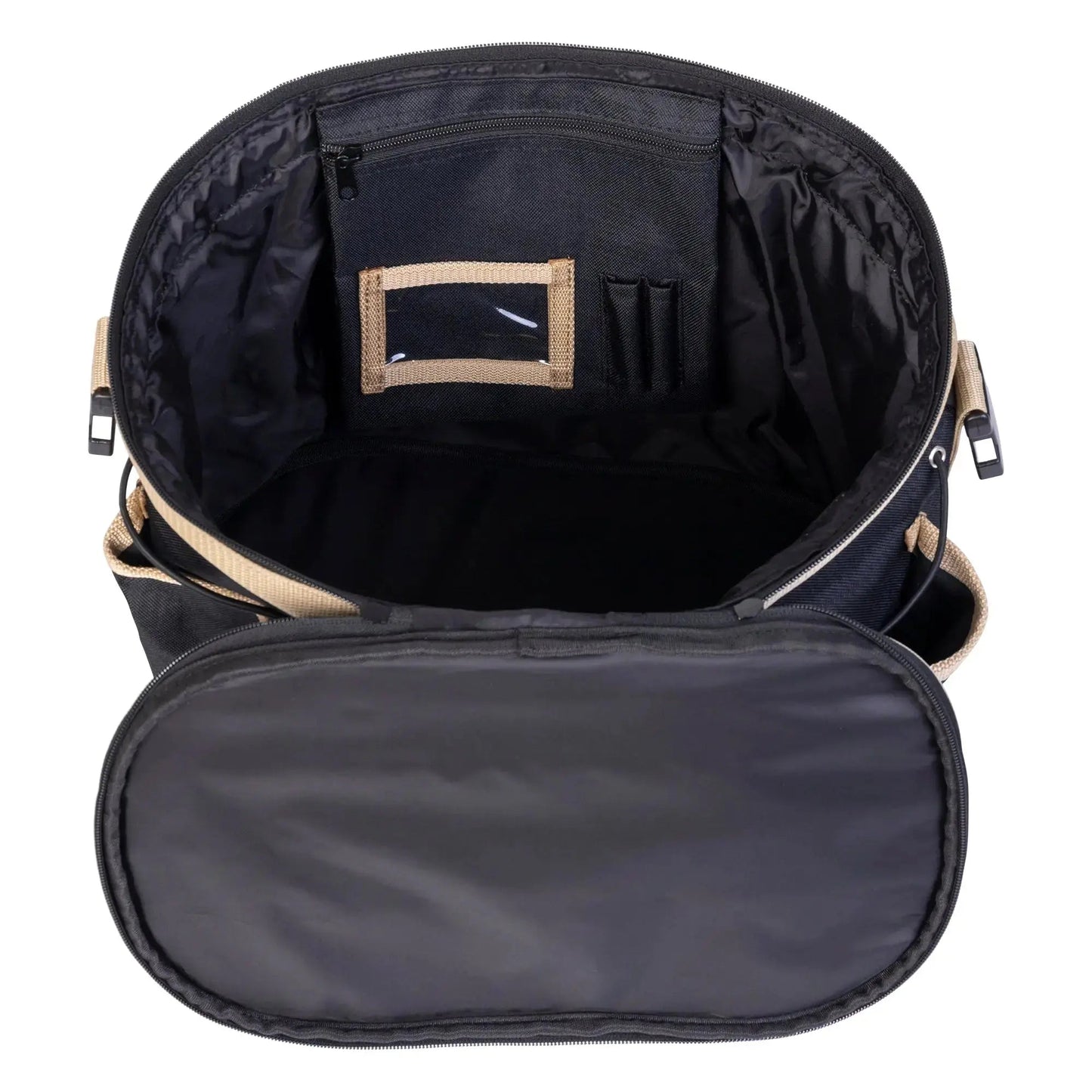 Black and beige travel bag with open lid on a white background