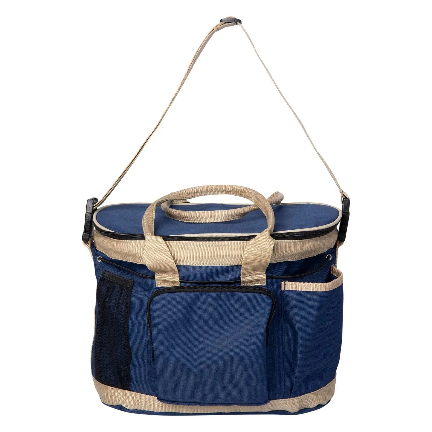 Blue and beige cooler bag with a shoulder strap on a white background