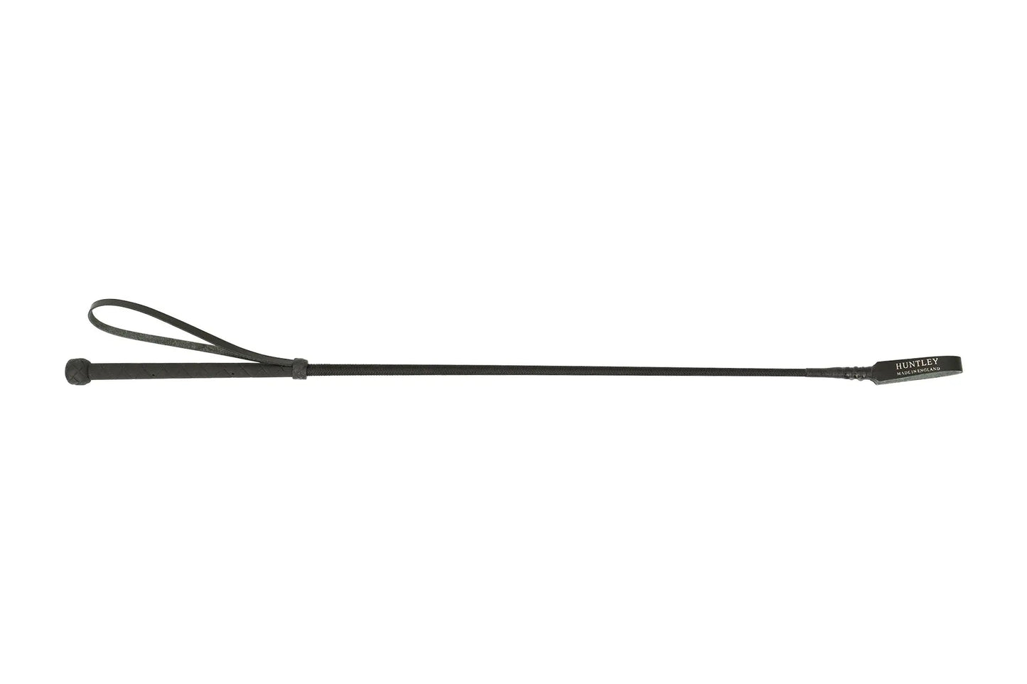 Black leather whip on a white background