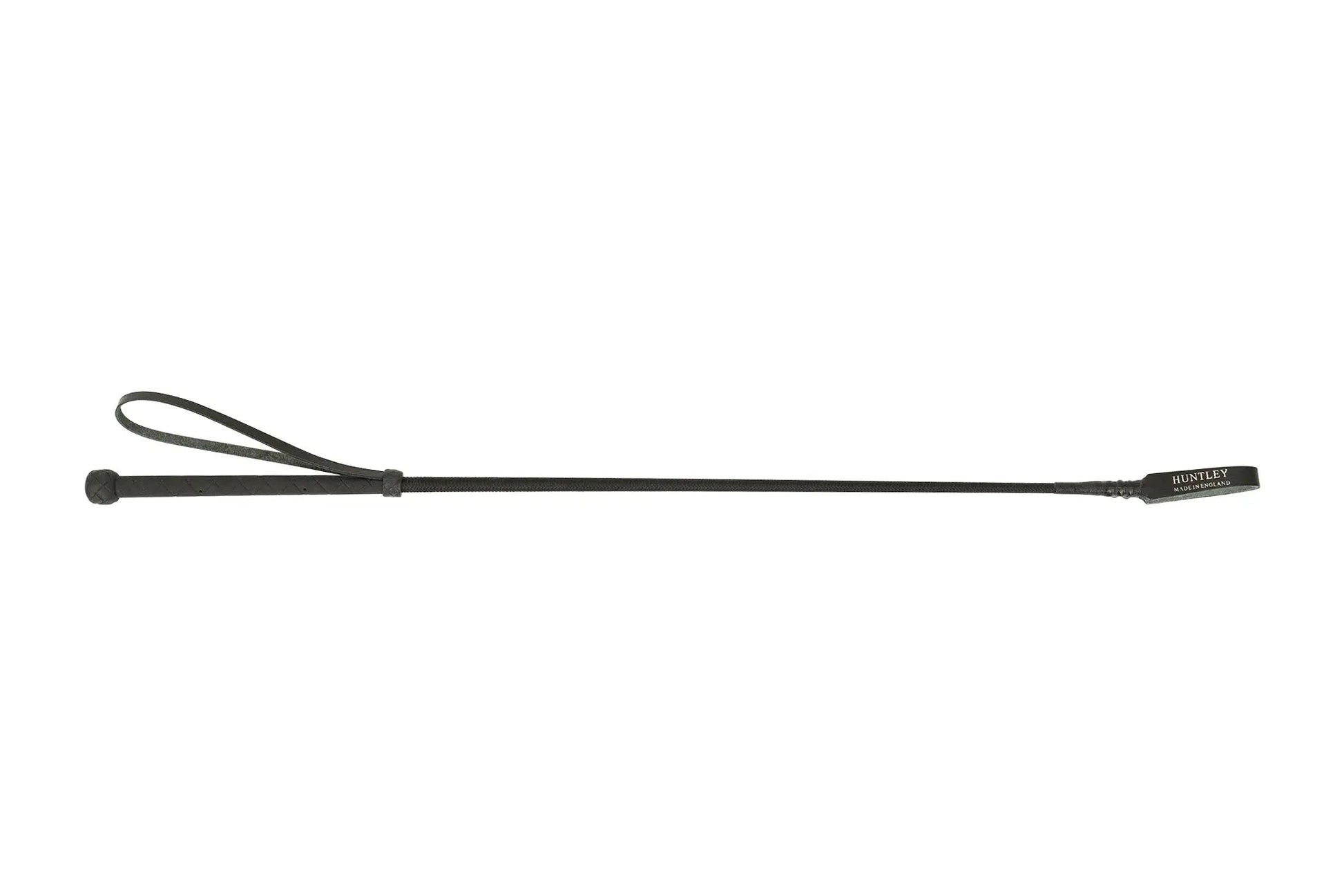 Black leather whip on a white background
