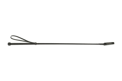 Black leather whip on a white background