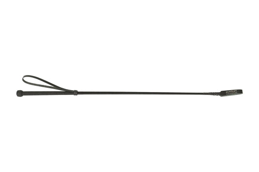 Black leather whip on a white background
