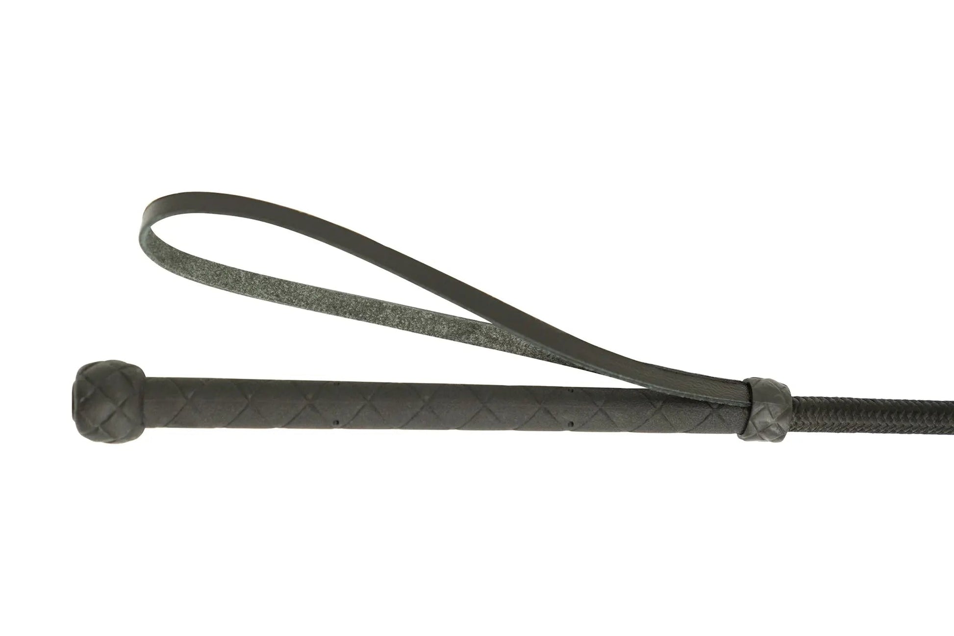 Black leather whip on a white background