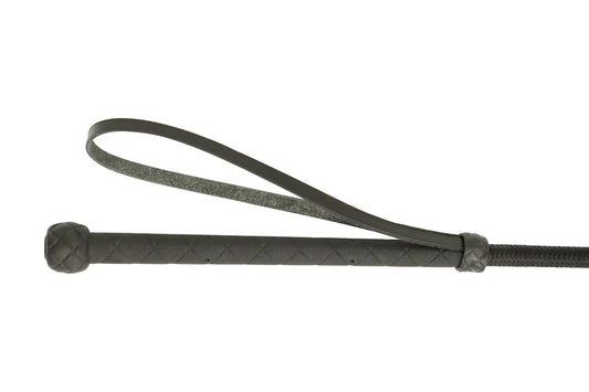 Black leather whip on a white background