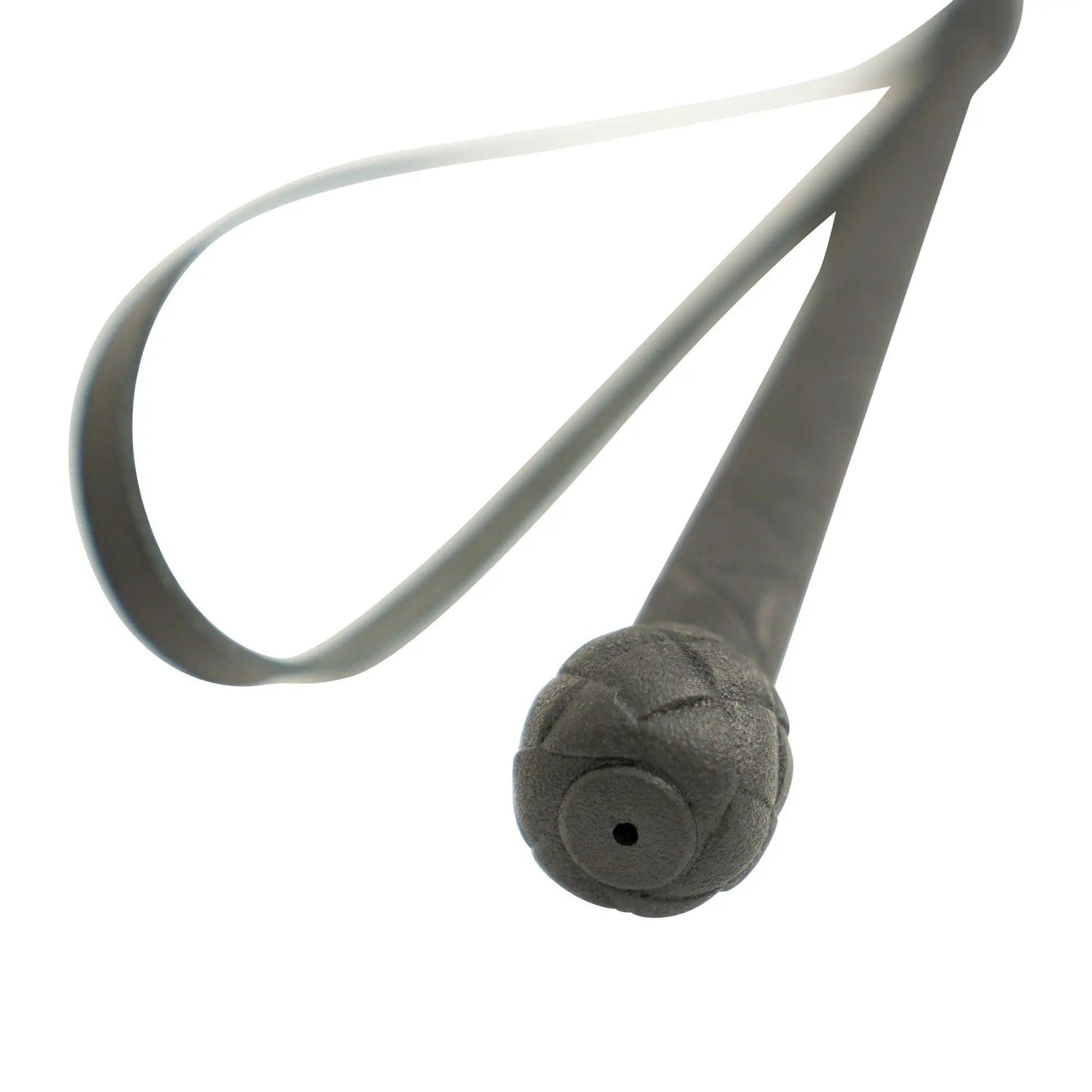 Gray rubber band with a textured end on a white background