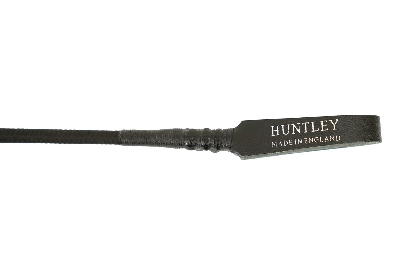 Black leather strap with 'Huntley Made in England' label on a white background