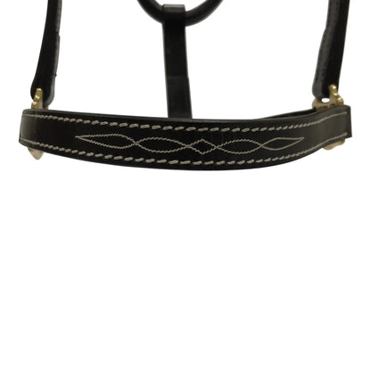 Black leather bridle with decorative stitching on a white background