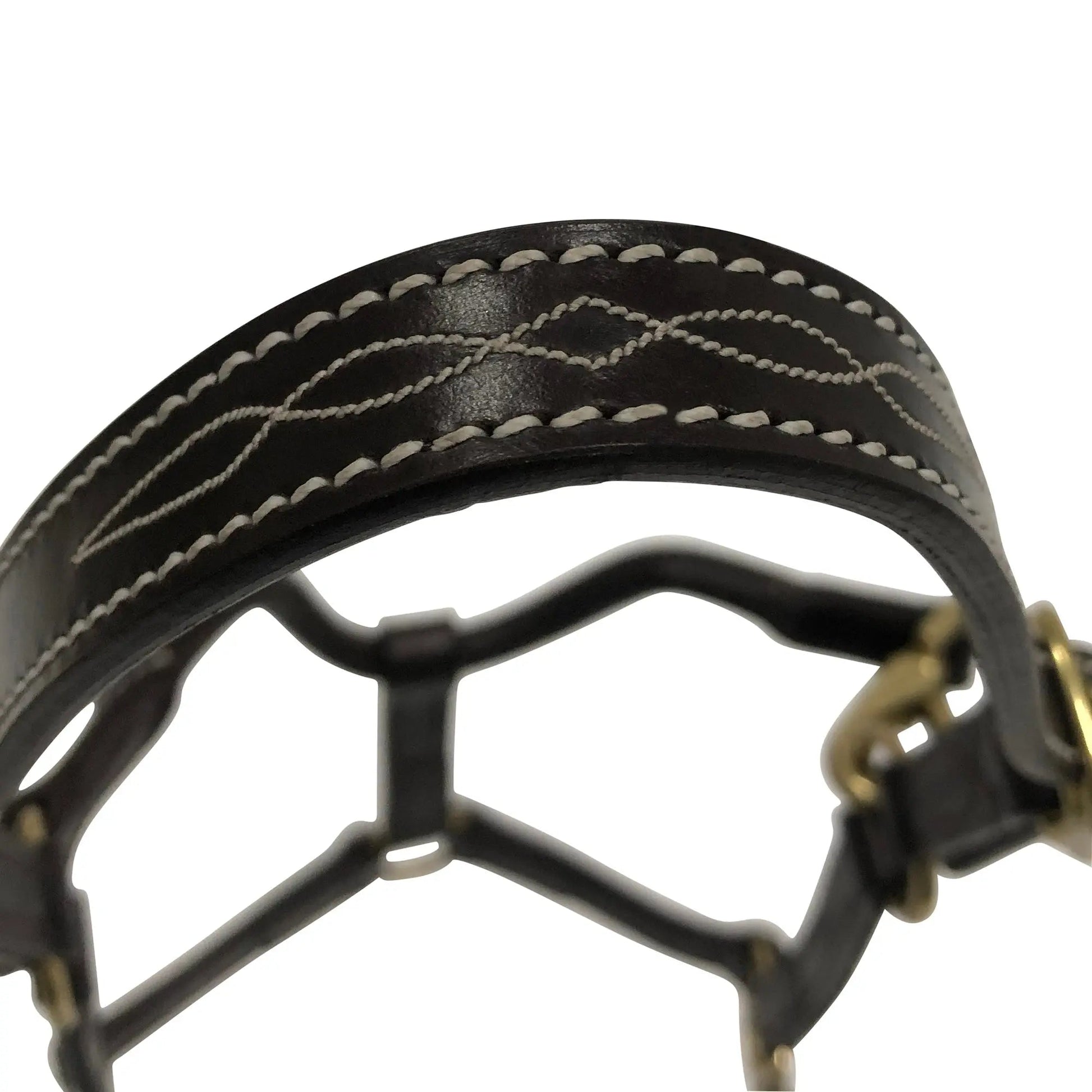 Black leather bridle with white stitching on a white background