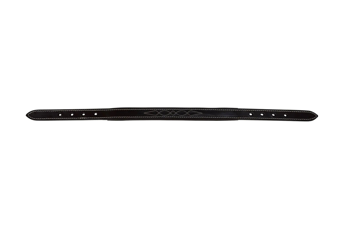 Black leather belt with decorative stitching on a white background