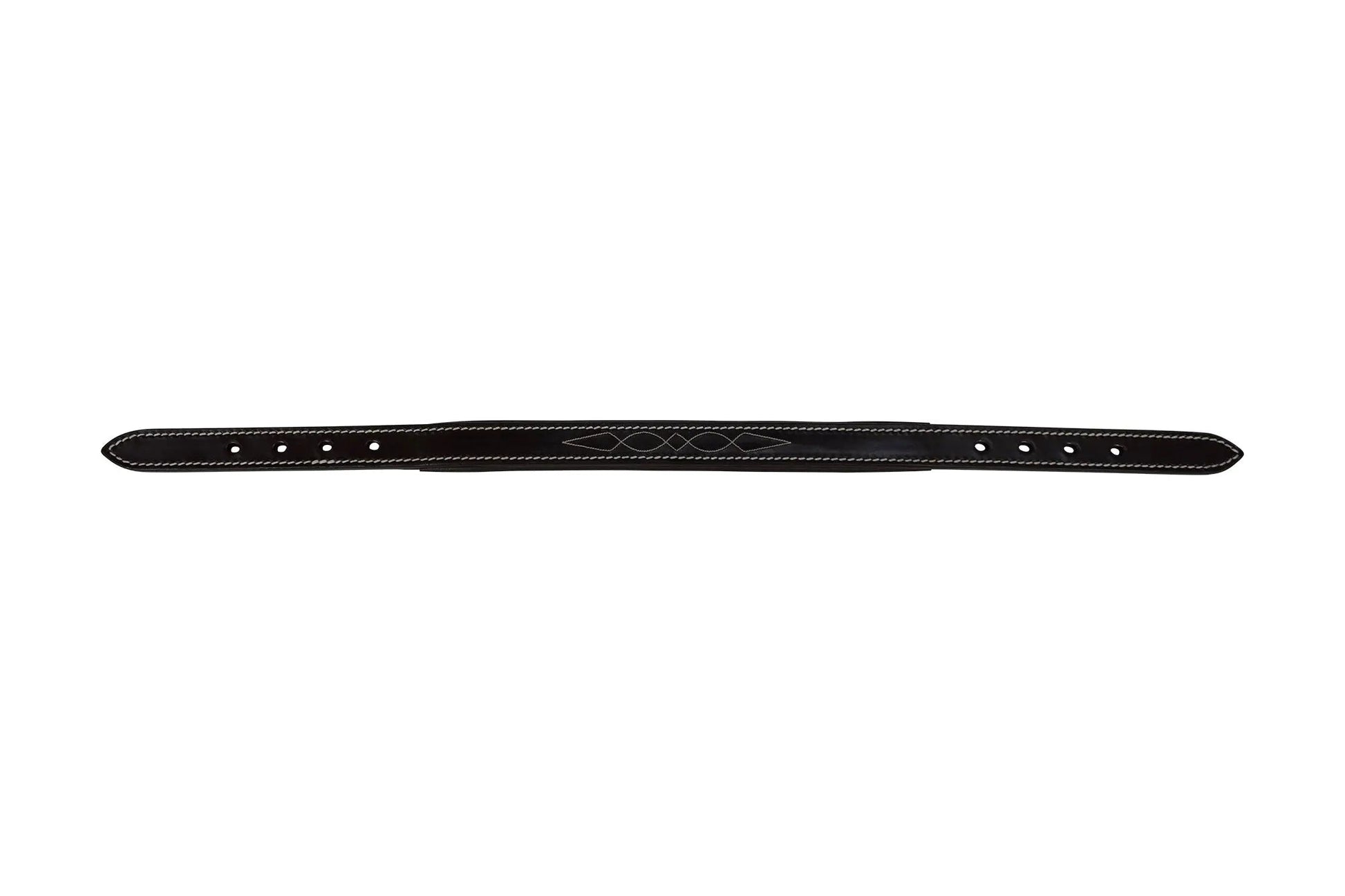 Black leather belt with decorative stitching on a white background