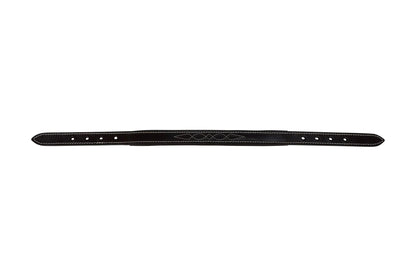 Black leather belt with decorative stitching on a white background