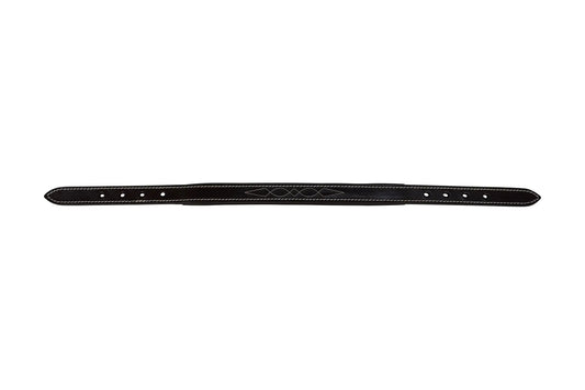 Black leather belt with decorative stitching on a white background
