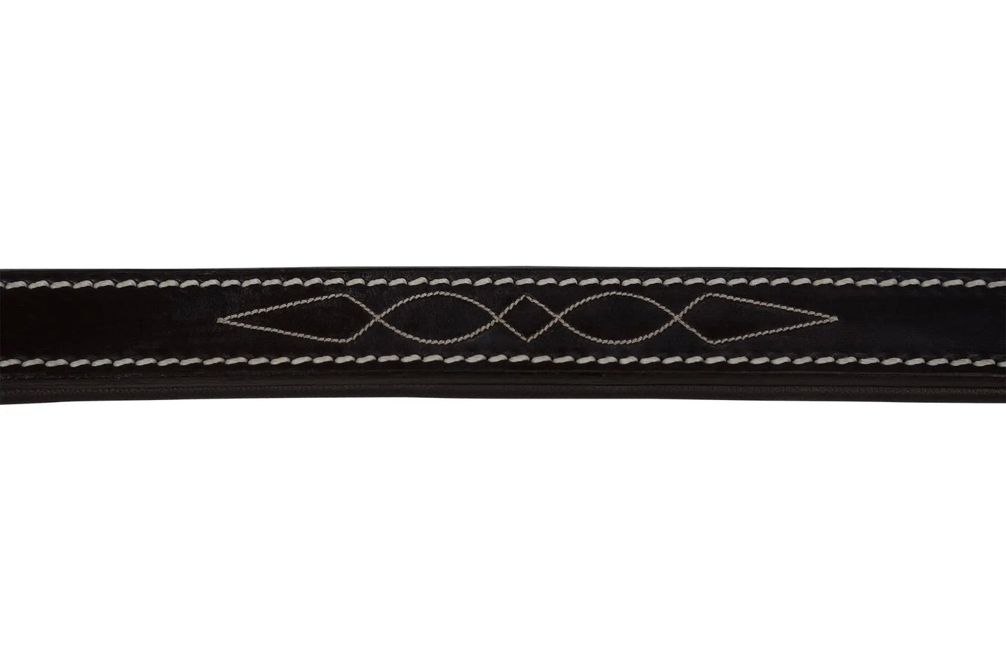 Black leather strap with white stitching on a white background