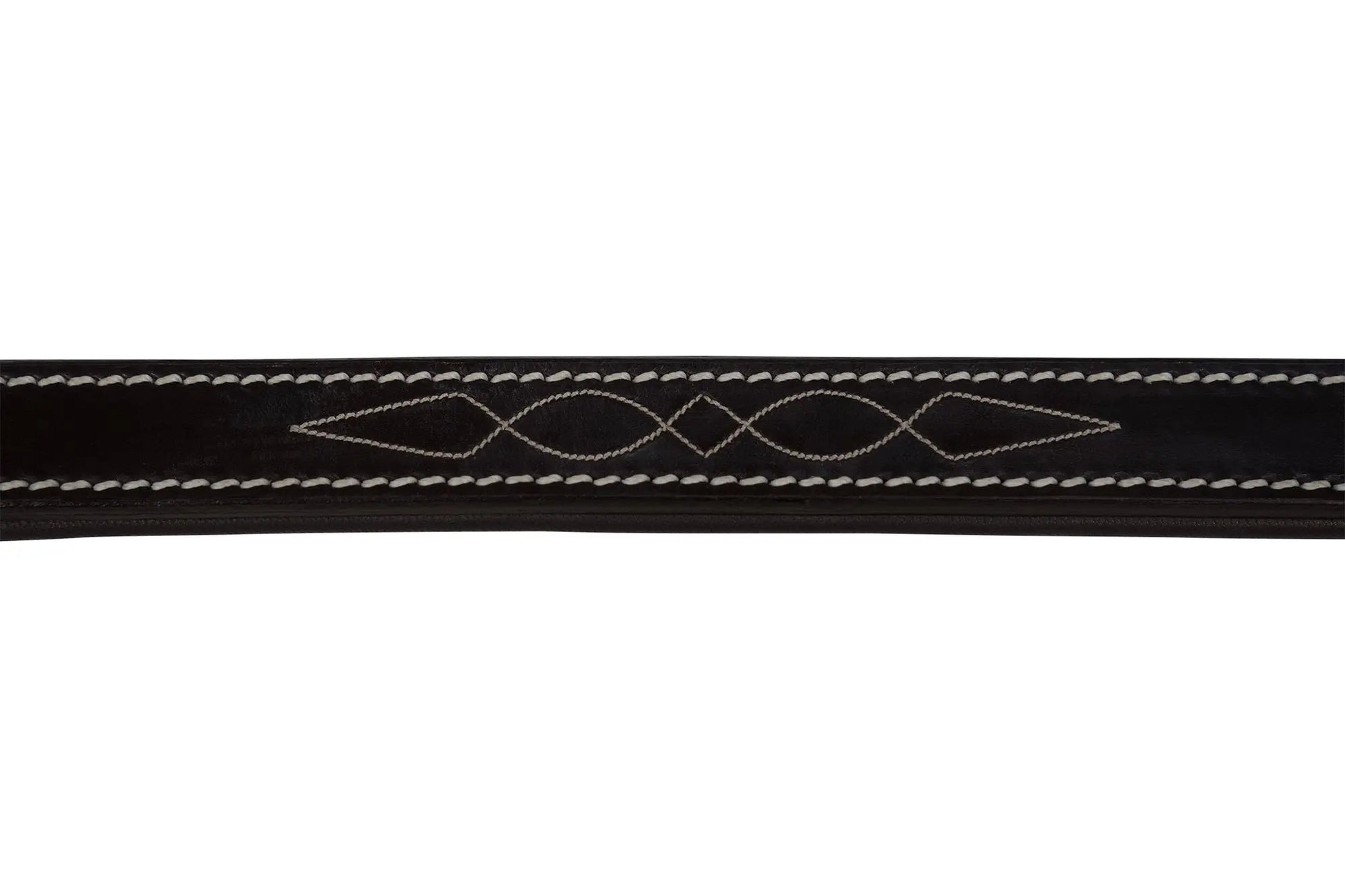 Black leather strap with white stitching on a white background