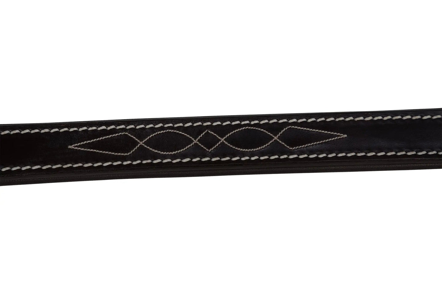 Black leather strap with white stitching on a white background