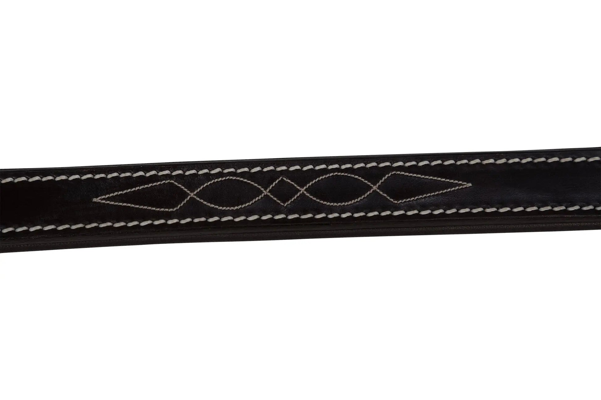 Black leather strap with white stitching on a white background