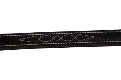 Black leather strap with white stitching on a white background