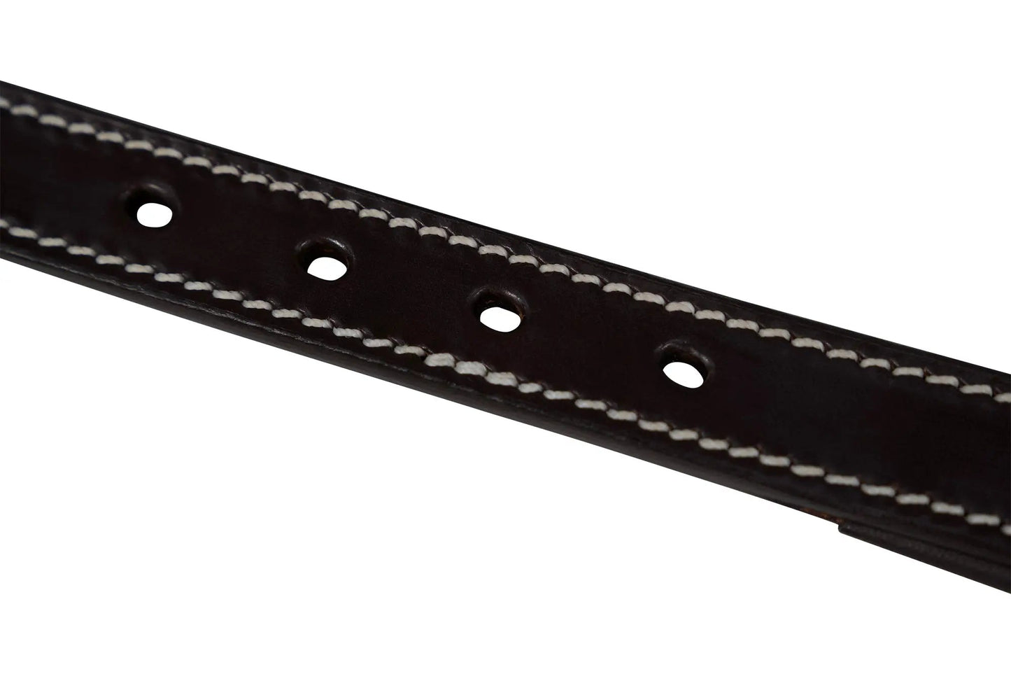 Close-up of a black leather belt with white stitching on a white background