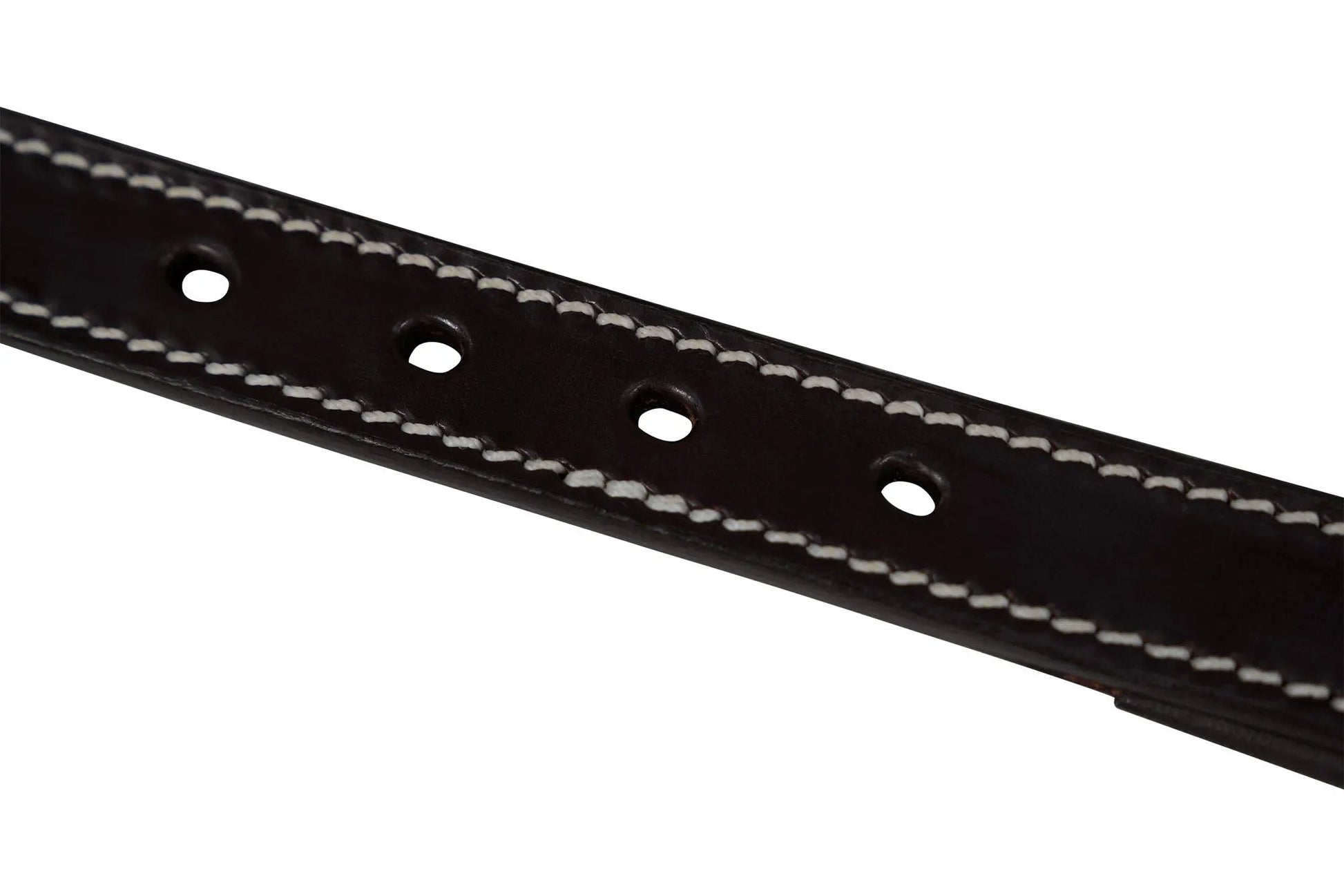 Close-up of a black leather belt with white stitching on a white background