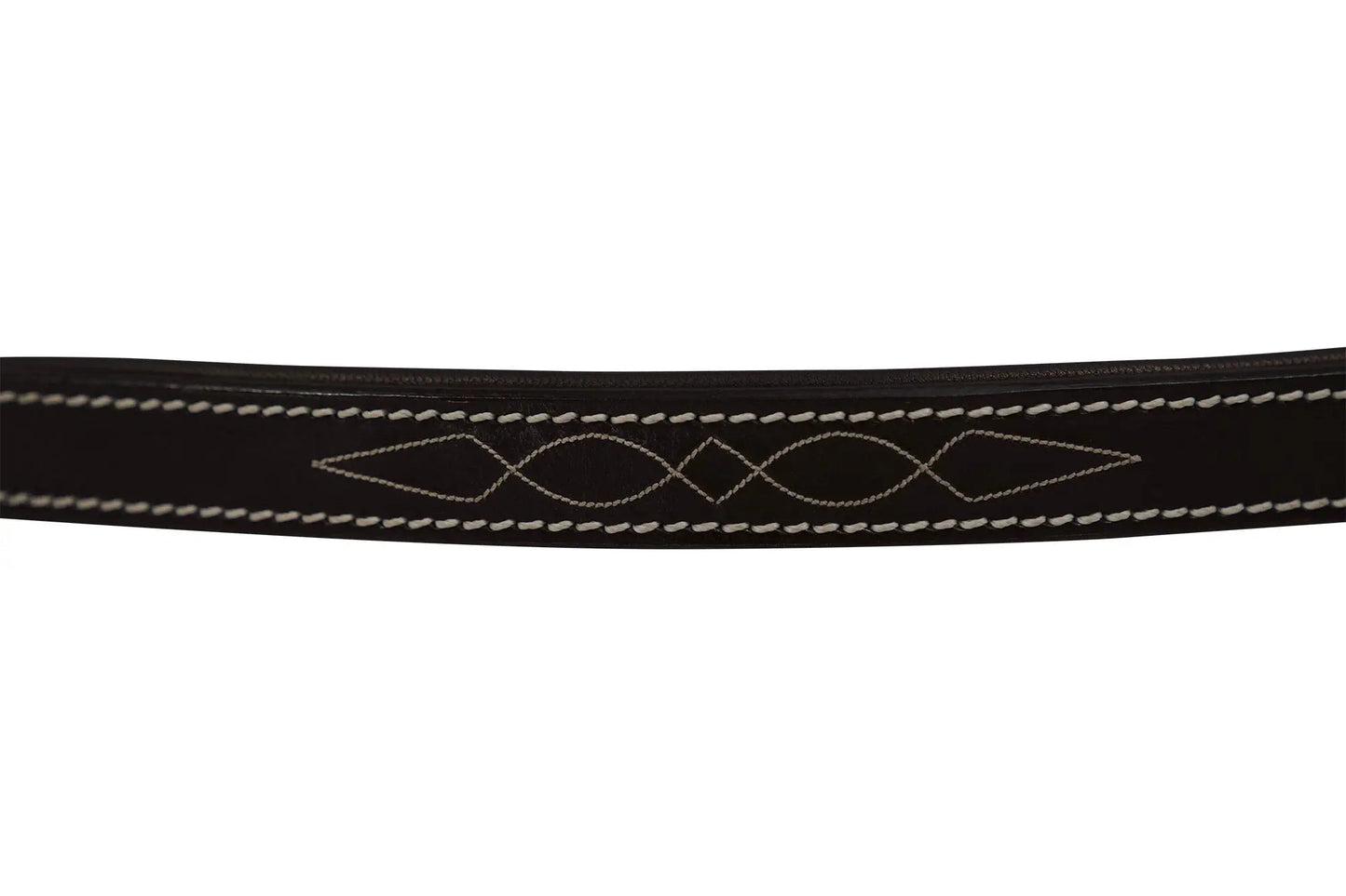Black leather strap with white stitching on a white background