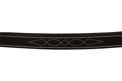 Black leather strap with white stitching on a white background