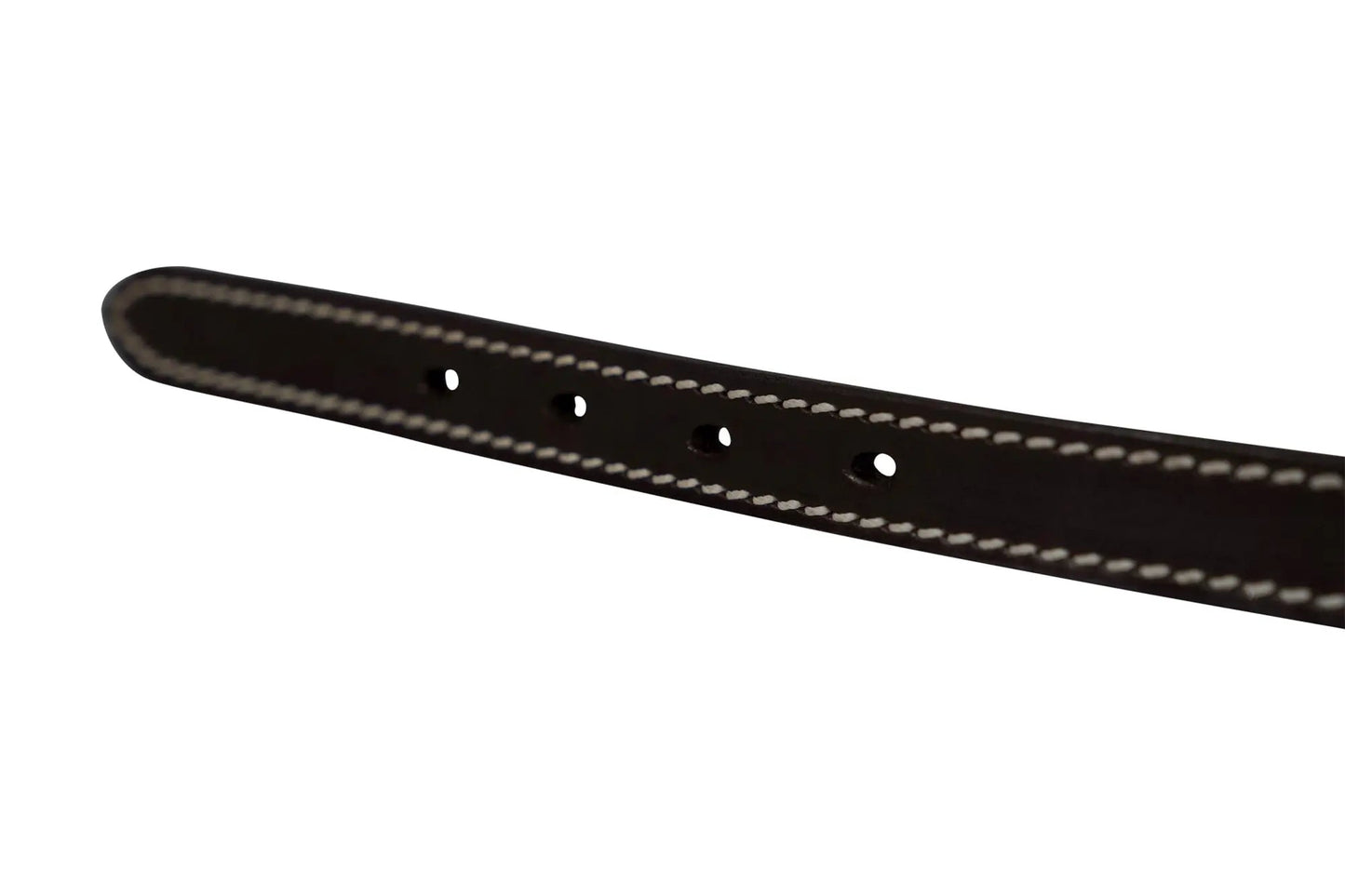 Black leather belt with white stitching on a white background