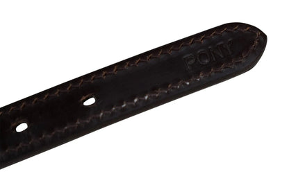Close-up of a dark brown leather strap with 'Bont' branding on a white background
