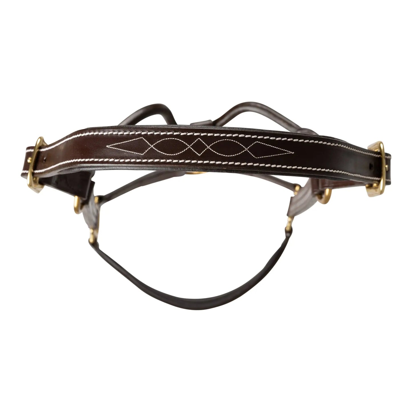 Brown leather bridle with gold hardware on a white background