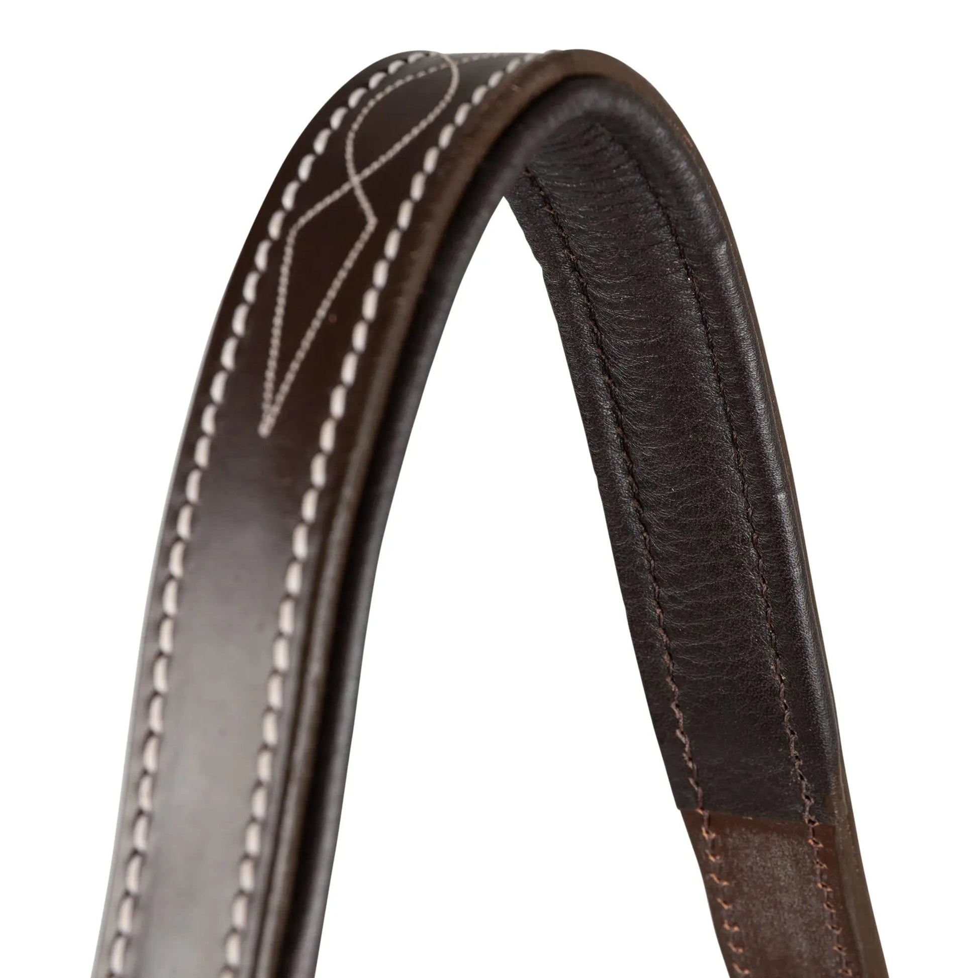 Close-up of a brown leather strap with white stitching on a white background