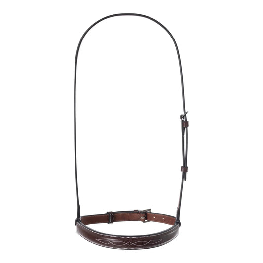 Brown leather bridle with black reins on a white background