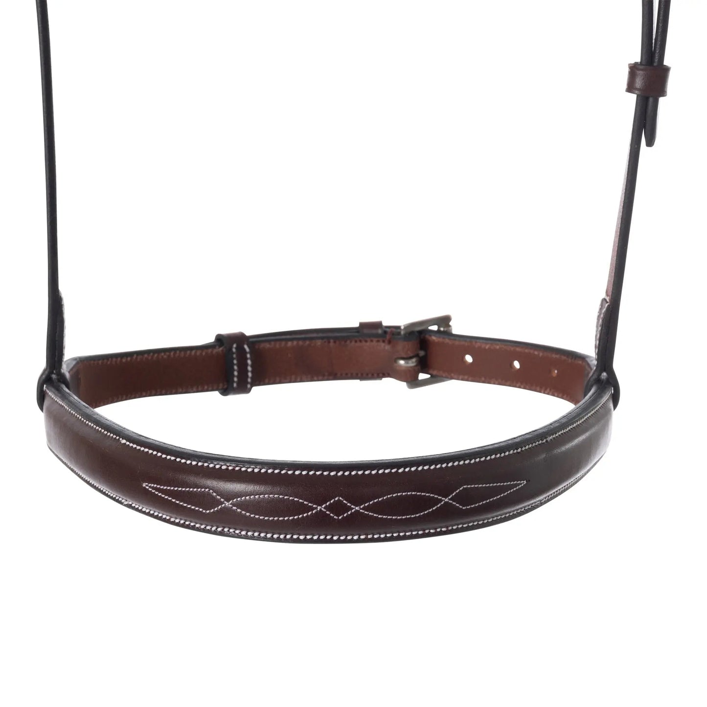 Brown leather bridle with intricate stitching on a white background