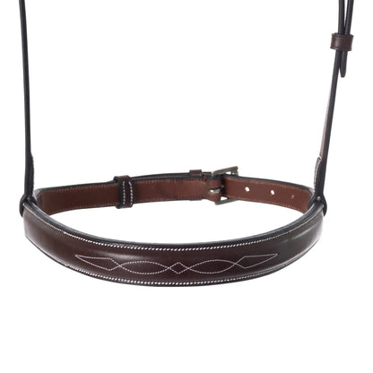 Brown leather bridle with intricate stitching on a white background