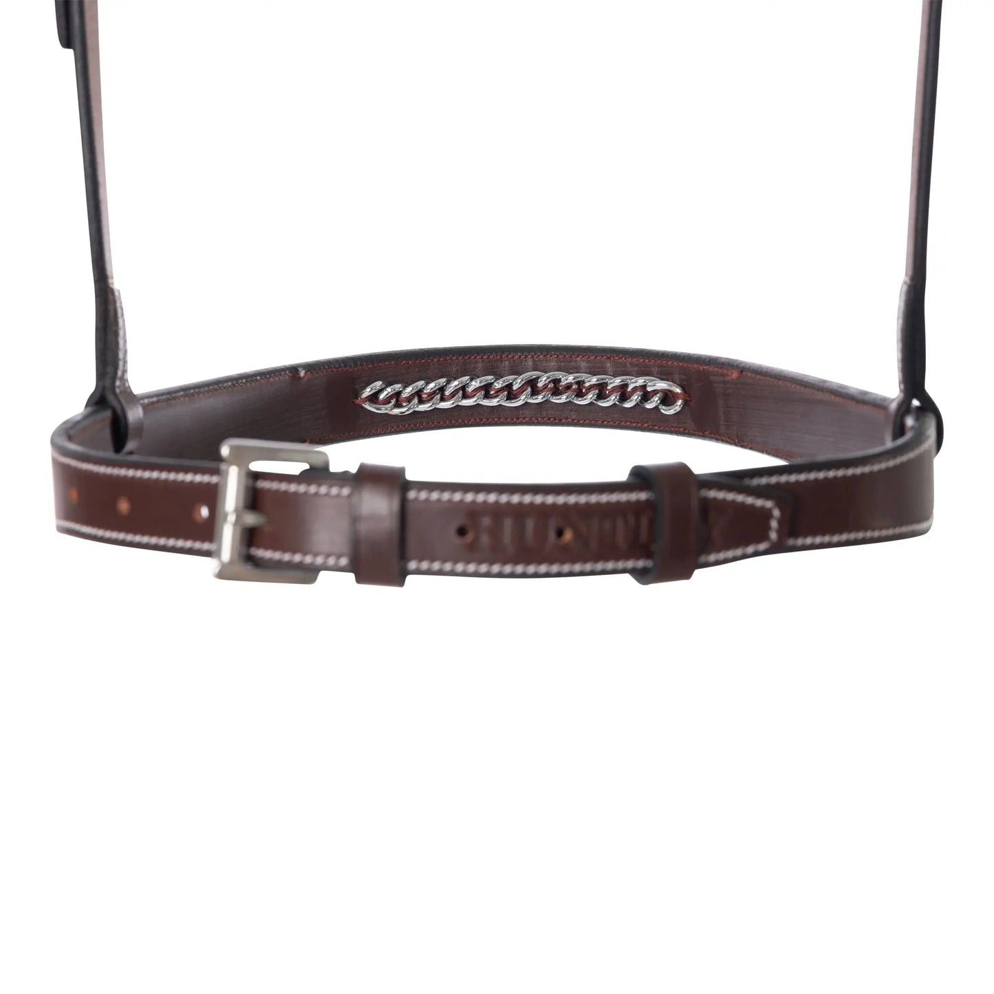 Brown leather belt with silver chain and buckle on a white background