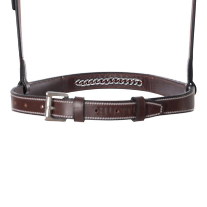 Brown leather belt with silver chain and buckle on a white background