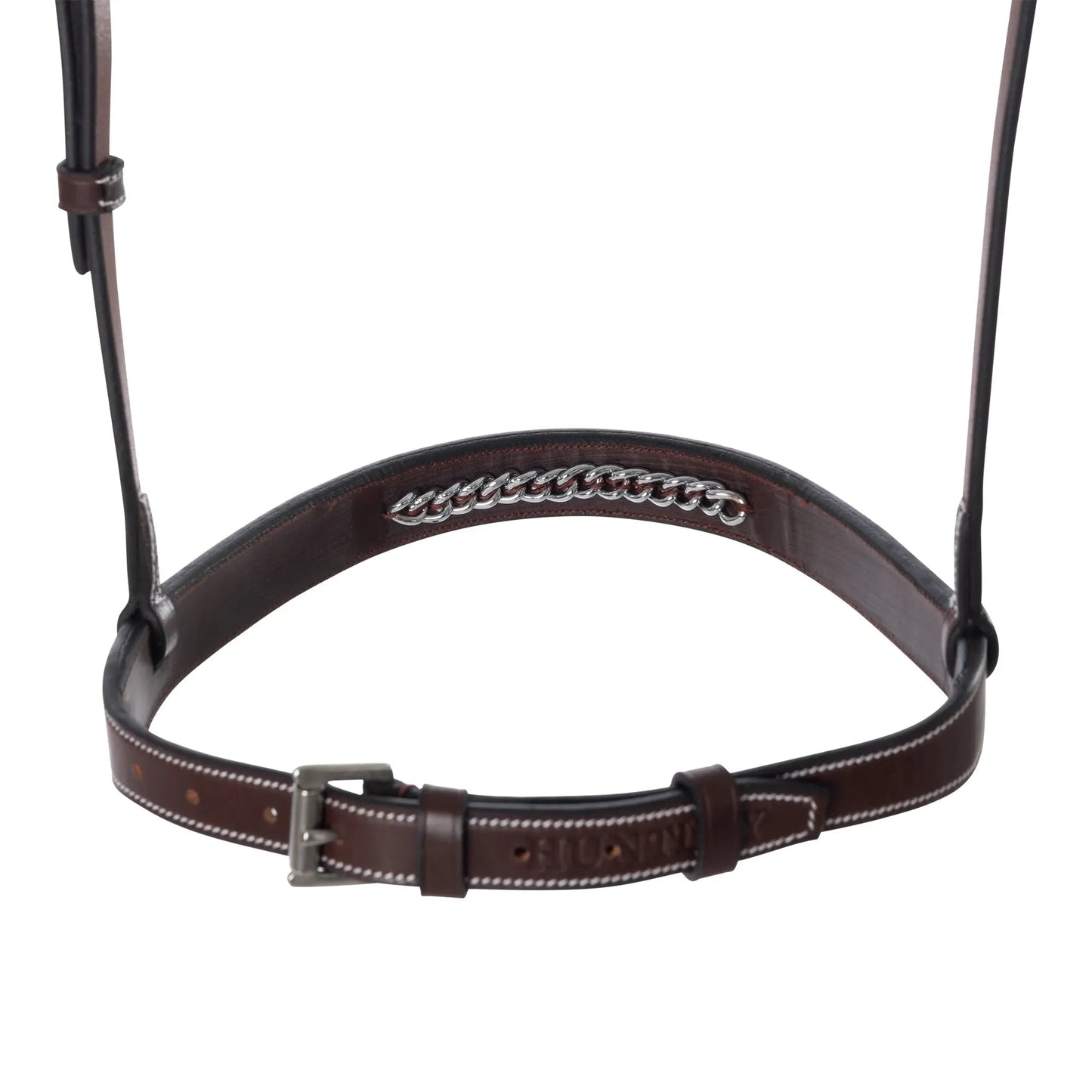 Brown leather bridle with silver buckle on a white background
