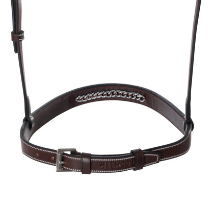 Brown leather bridle with silver buckle on a white background