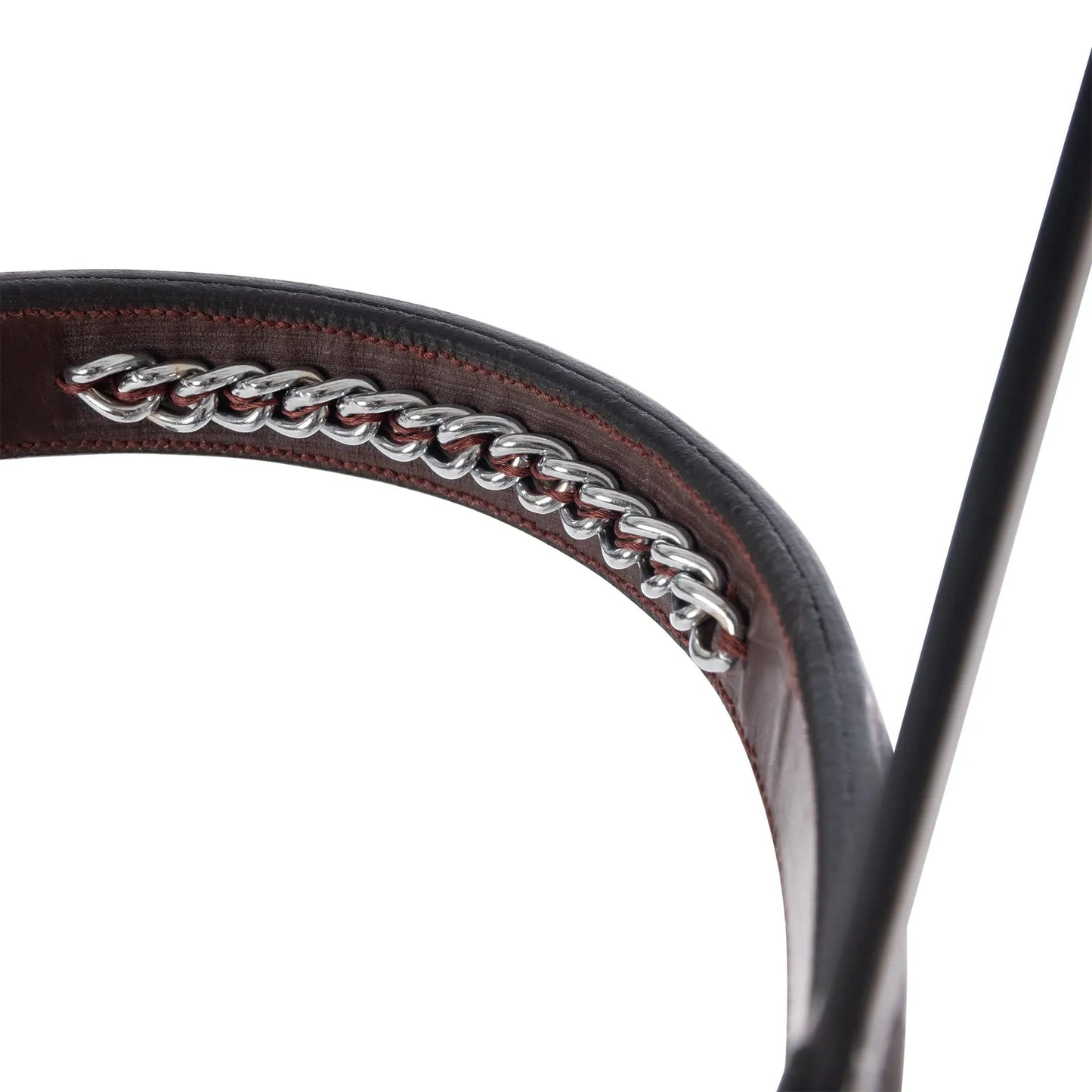 Close-up of a brown leather bridle with silver chain detail on a white background