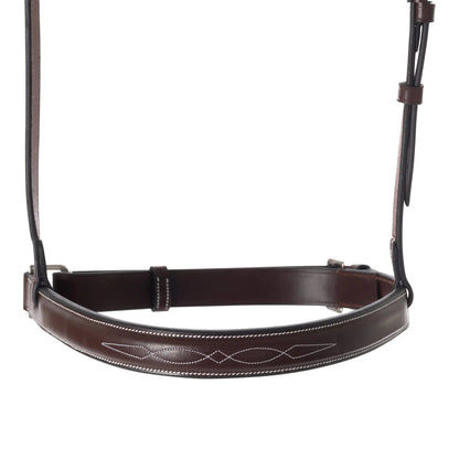 Brown leather bridle with decorative stitching on a white background