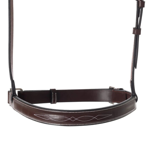 Brown leather bridle with decorative stitching on a white background