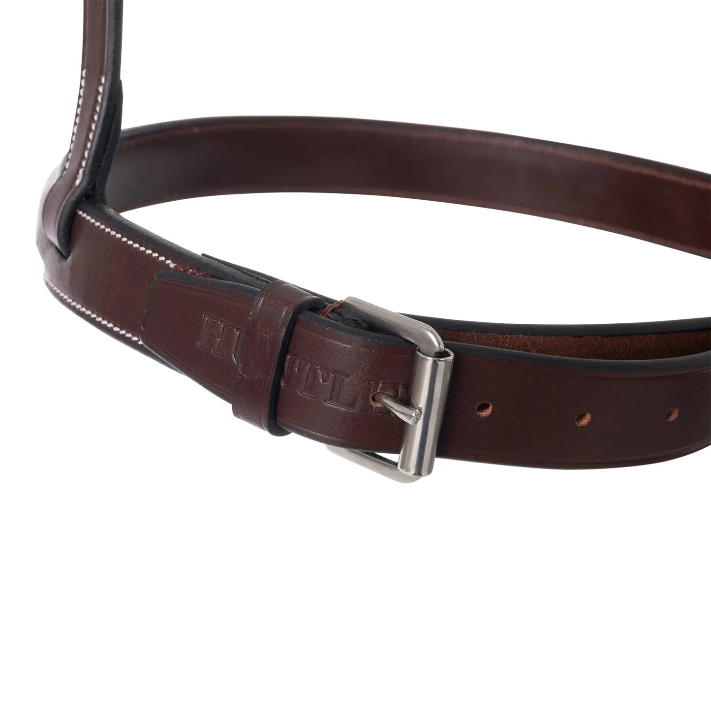 Brown leather belt with silver buckle on a white background