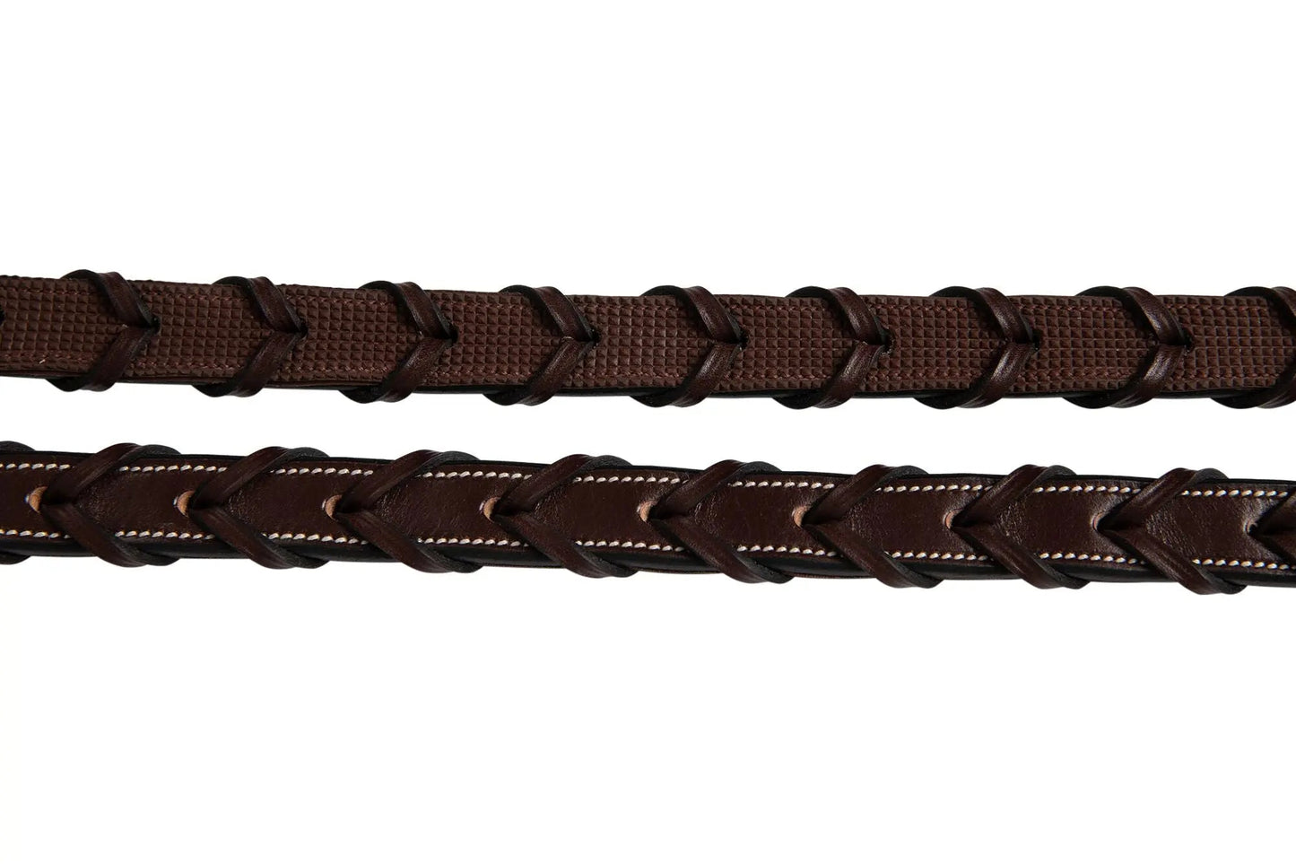 Two brown leather belts with braided designs on a white background