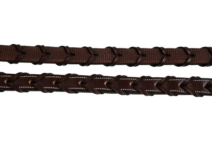 Two brown leather belts with braided designs on a white background