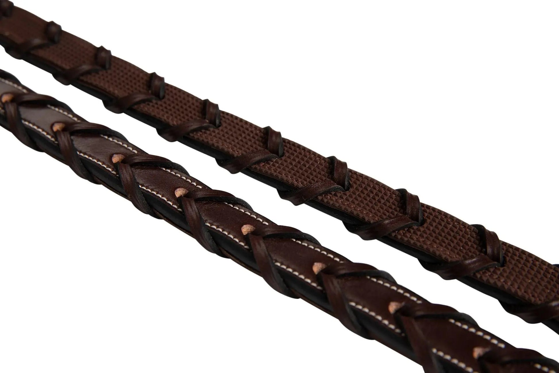 Two braided brown leather straps on a white background